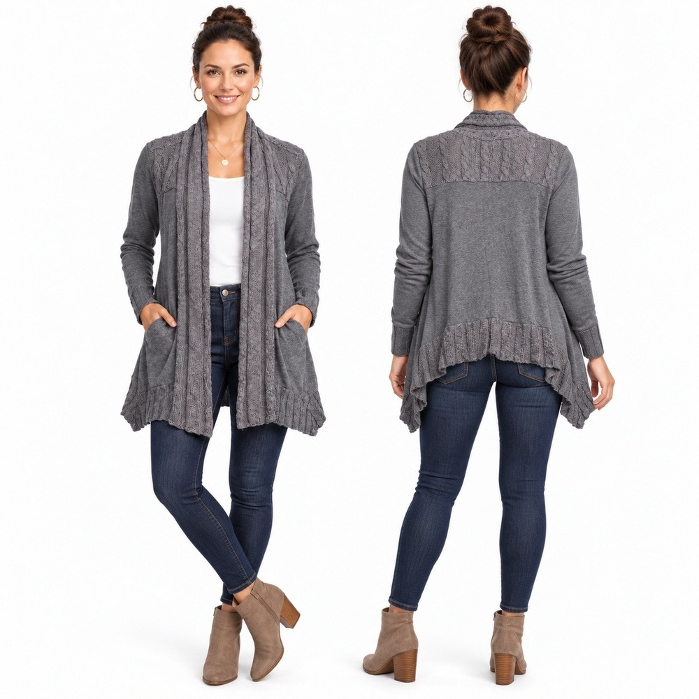 Lucky Lotus Cardigan Women 2X Gray Open Front Mixed Media Cable Knit Sweater